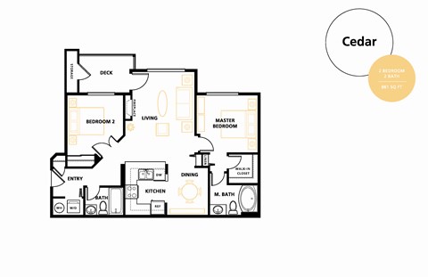 Floor plan for 2 beds, 2 baths, 881 sqft
